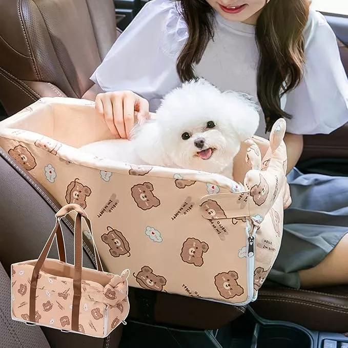Small Dog Cat Car Booster Seat,Interactive Dog Console Car Seat ON Car Armrest,Detachable Dog Travel Bag Car Carrier Bed Portable Dog Habitat Bed for Most Car Deluxe Pet Seat