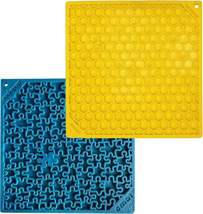 SodaPup Honeycomb & Blue Jigsaw eMat Bundle – Durable Lick Mat Feeder Made in USA from Non-Toxic, Pet-Safe, Food Safe Rubber for Avoiding Overfeeding, Digestive Health, Calming, & More