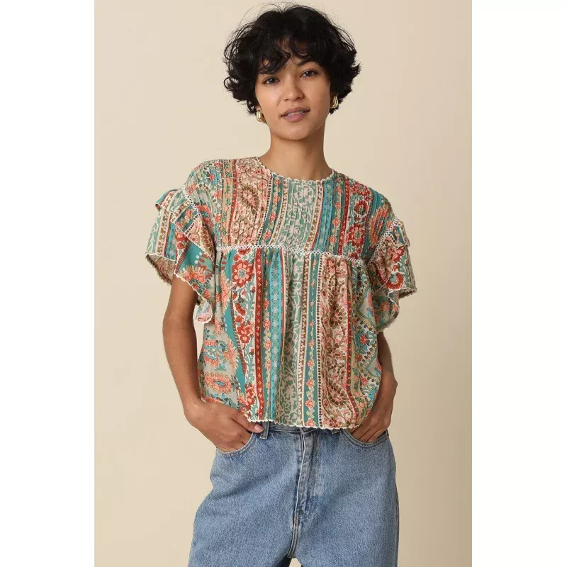 Teresa Flutter Sleeve Top|Multi&M&L