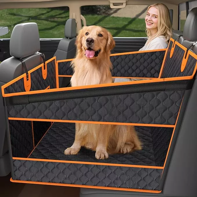 Toffos Dog Car Seat, Extra Stable Backseat Extender for Dogs with Hard Bottom, Waterproof and Foldable Design, Pet Car Seat with Breathable Mesh Window, Black