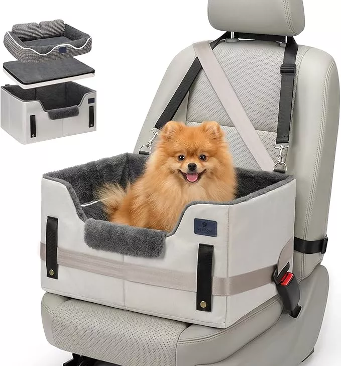 Veehoo 2-in-1 Dog Car Seat & Pet Bed, Portable Dog Booster Car Seats for Medium Small Dogs, Travel Cars Seat with Safety Leash, Non-Slip Bottom & Removable Washable Cover