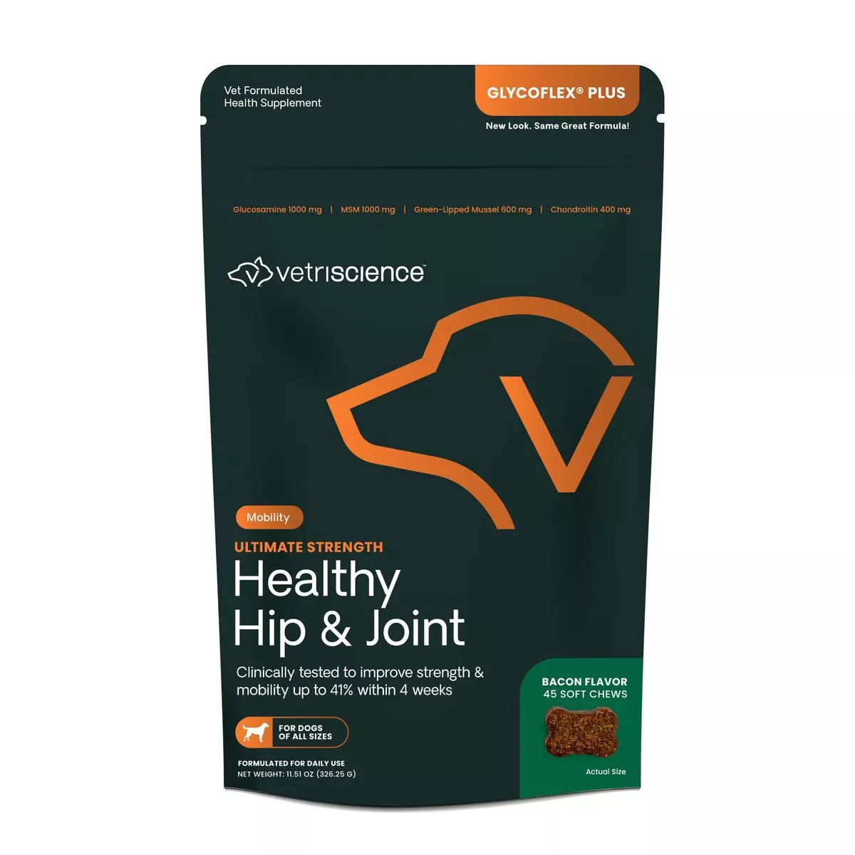 VetriScience GlycoFlex Plus Hip & Joint Dog Supplement Bacon 45 ct
