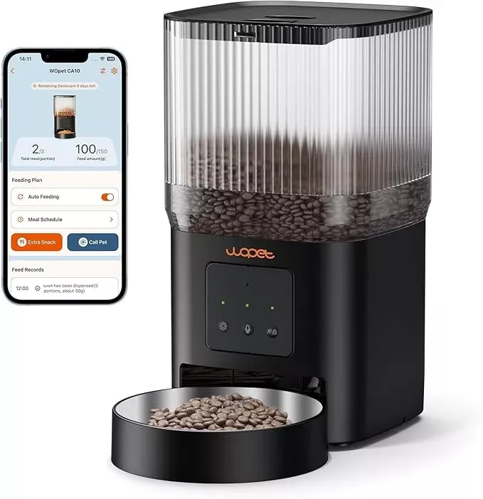 WOPET Automatic Cat Feeder, 5G WiFi Smart Pet Feeder for Dogs and Cats with APP Control, Low Food Sensor, 10s Voice Recorder, Up to 10 Meals Daily, Dual Power Supply, Timed Dog Food Dispenser