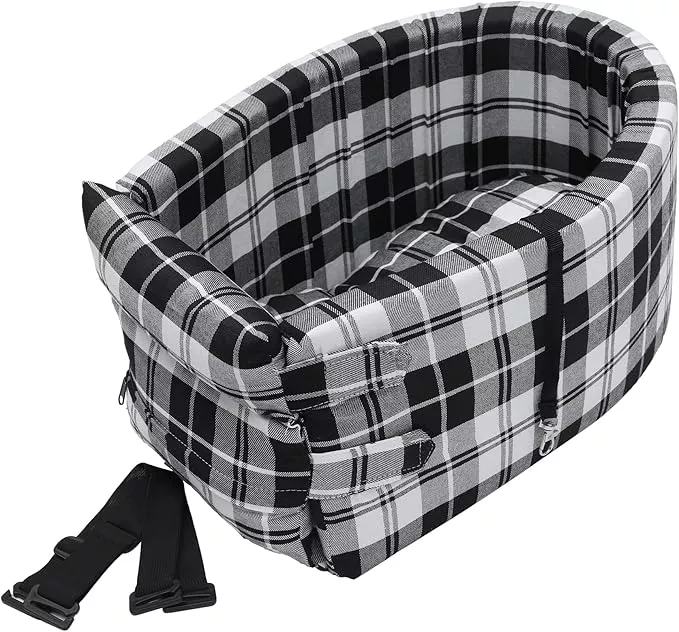 X AUTOHAUX Large Plaid Style Dog Car Seat Adjustable Straps for Medium Small Sized Puppy Cat Seat Pets Soft Non Slip Bottom Travel Bed Gray Pink