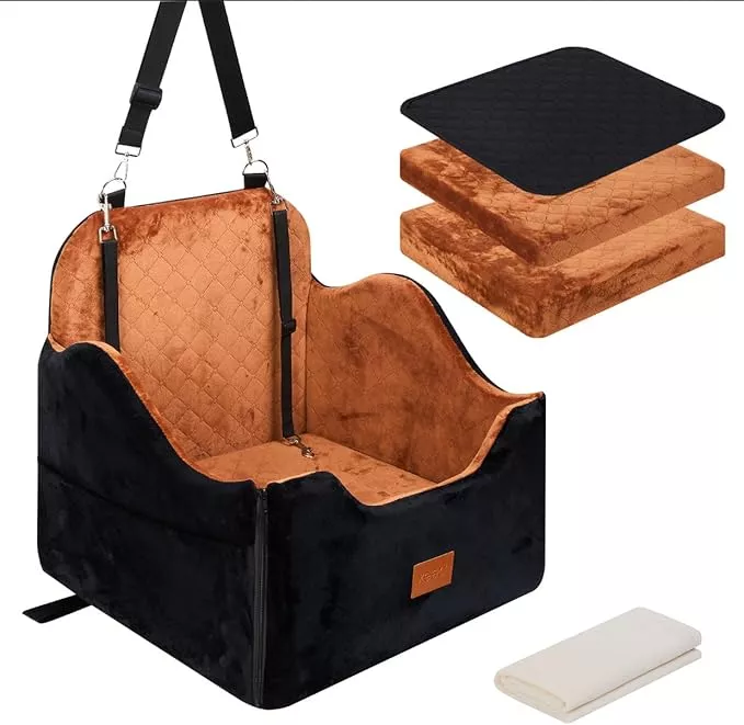 XEEP Dog Car Seat for Small/Medium Dogs Up to 35lbs, Dog Booster Seat with Memory Foam Cushion, Washable Pet Car Seat with Safety Belt & Pee Pad & Blanket, Fits in Front/Back Seat, Brown