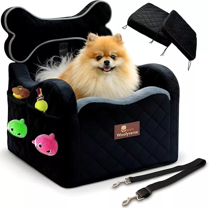 Yara’s Woofyverse Dog Seat for Car – Booster Seat for Small & Medium Dogs with Adjustable Cushions, Fur-Lined Headrest & 6-Pocket Storage – Portable Pet Car Seat for Front/Back Travel – Midnight Ash