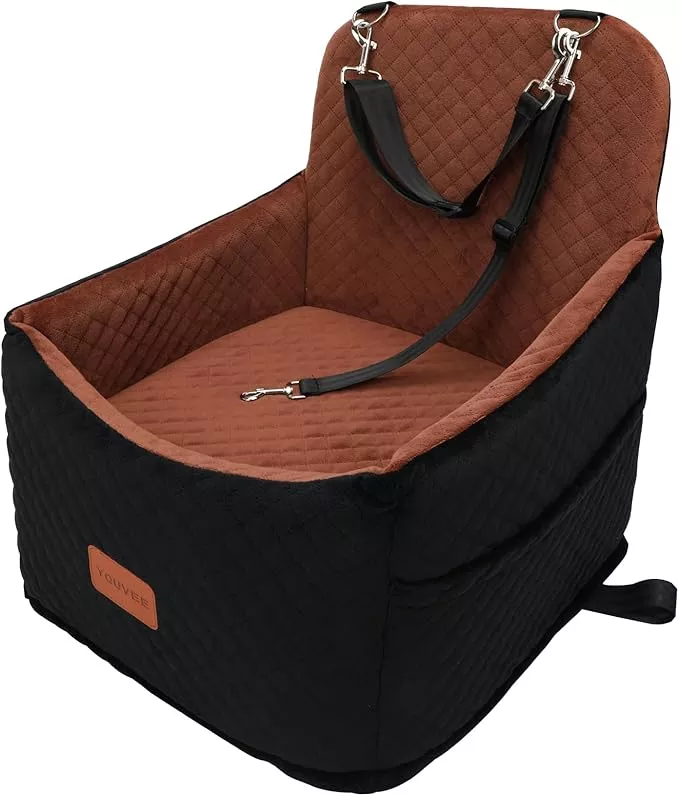 Youvee Dog Booster Car Seat,Interior Height 6 Inches Elevated Pet Car Seat for Small Dog up to 30 lbs,for Front/Back,Comfortable,Storage Pocket(View Ⅰ-Black Outside Brown Inside)