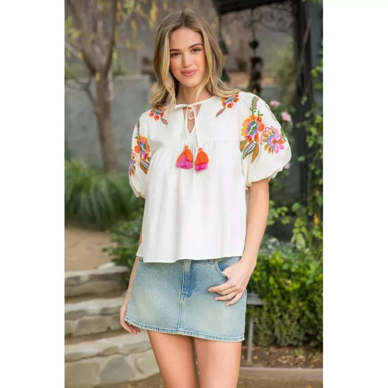 Zoey Embroidered Detail Puff Sleeve Top
